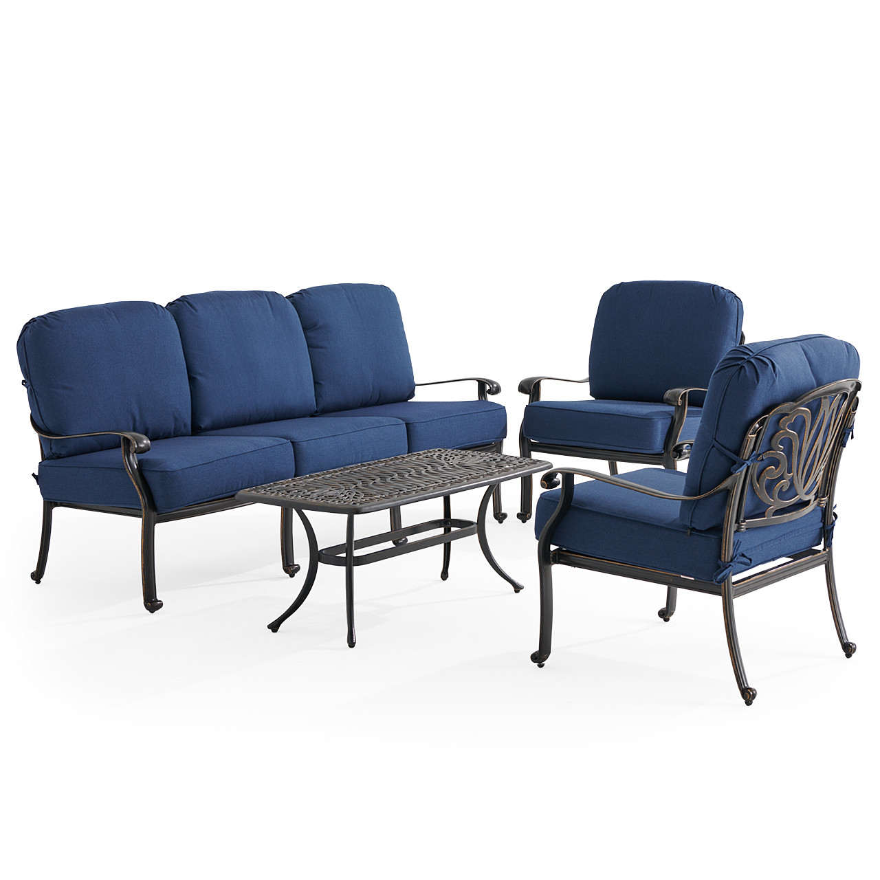 Roma Black Gold Cast Aluminum with Cushions 4 Piece Sofa Group + 42 x 21 in. Coffee Table