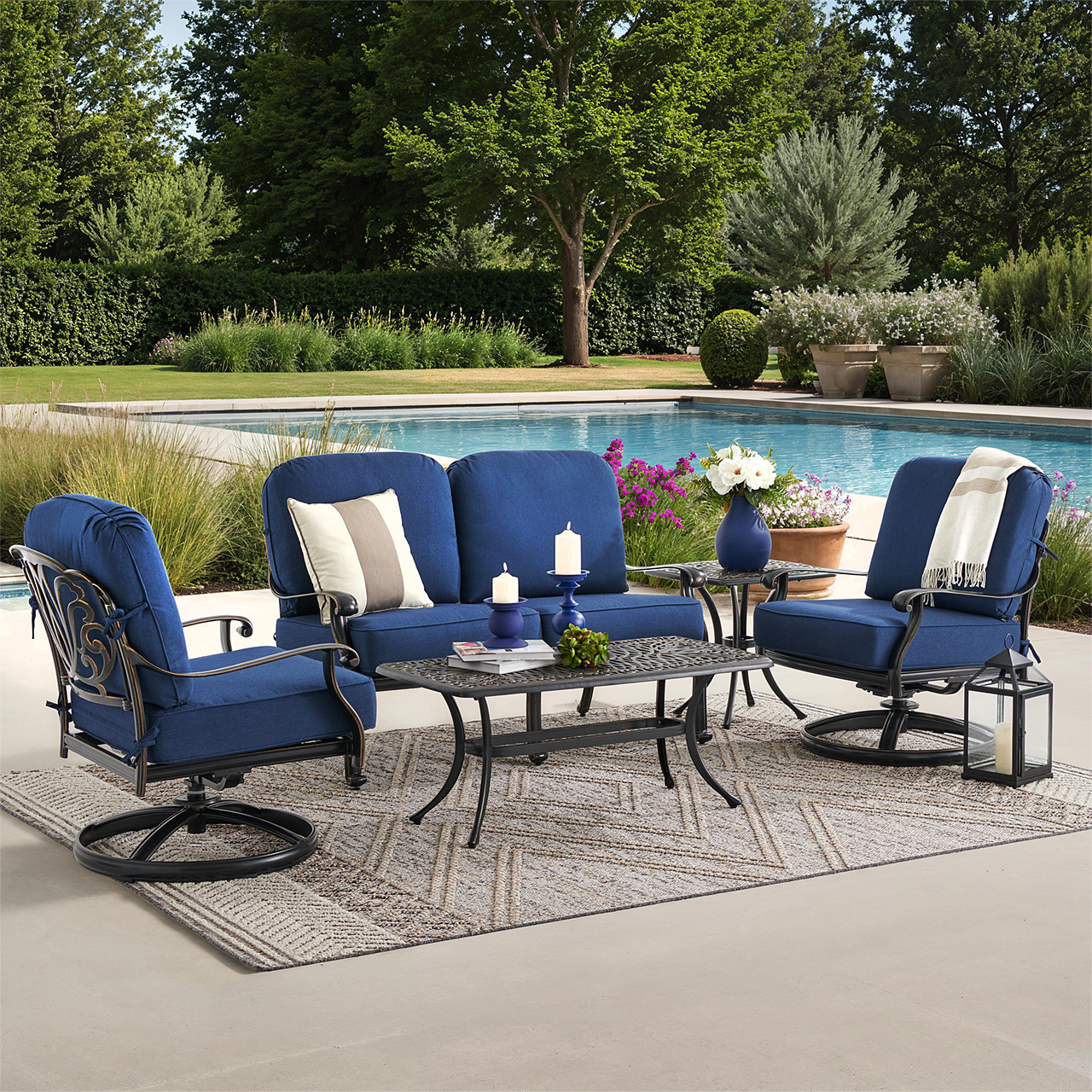 Roma Black Gold Cast Aluminum with Cushions 4 Piece Swivel Loveseat Group + 42 x 21 in. Coffee Table