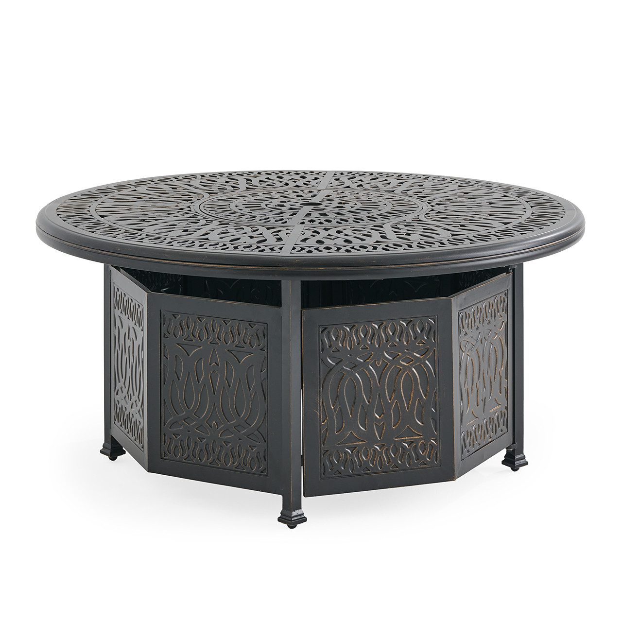 Roma Black Gold Cast Aluminum with Cushions 5 Piece Chat Set + 52 in. D Gas Fire Pit