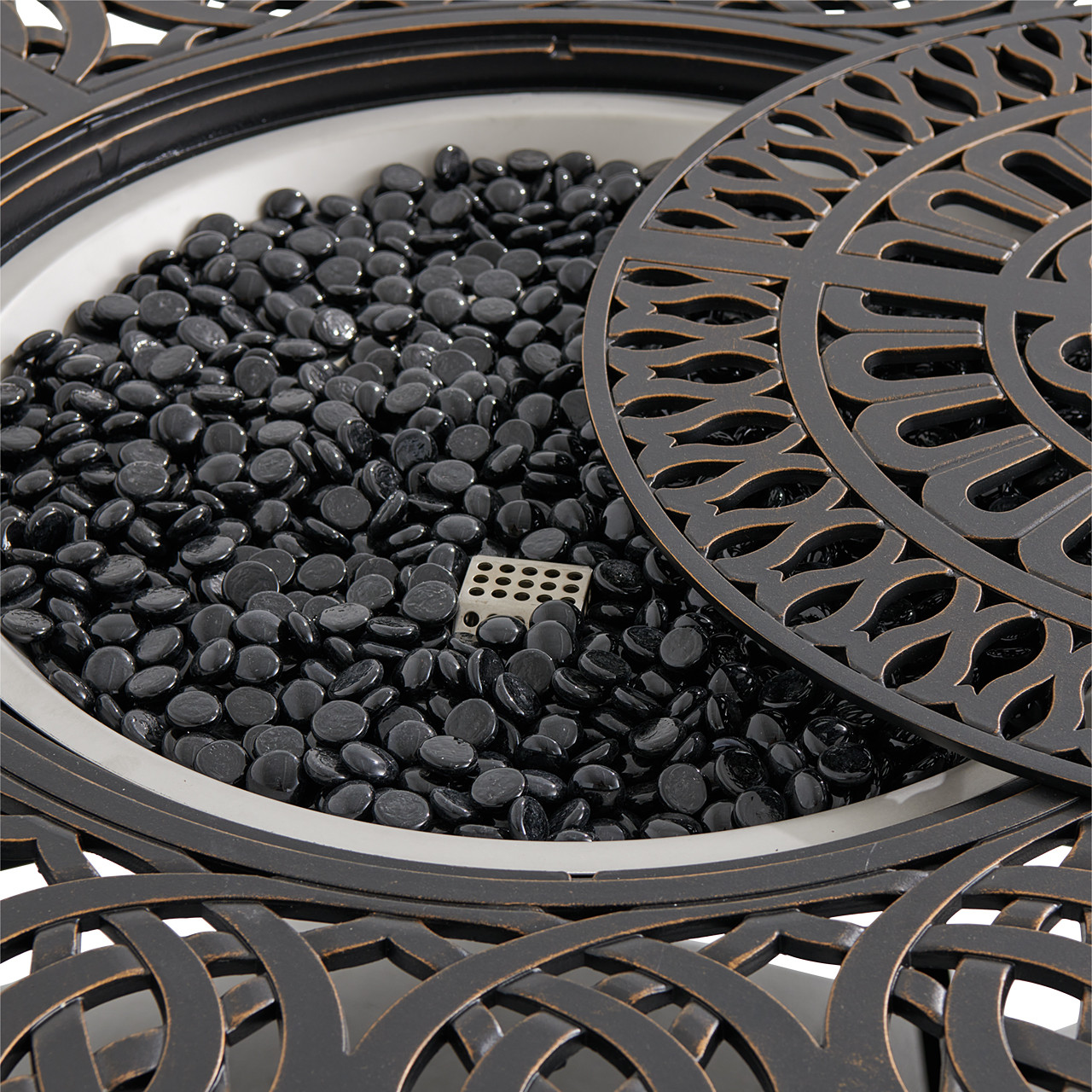 Roma Black Gold Cast Aluminum with Cushions 5 Piece Swivel Chat Set + 52 in. D Gas Fire Pit