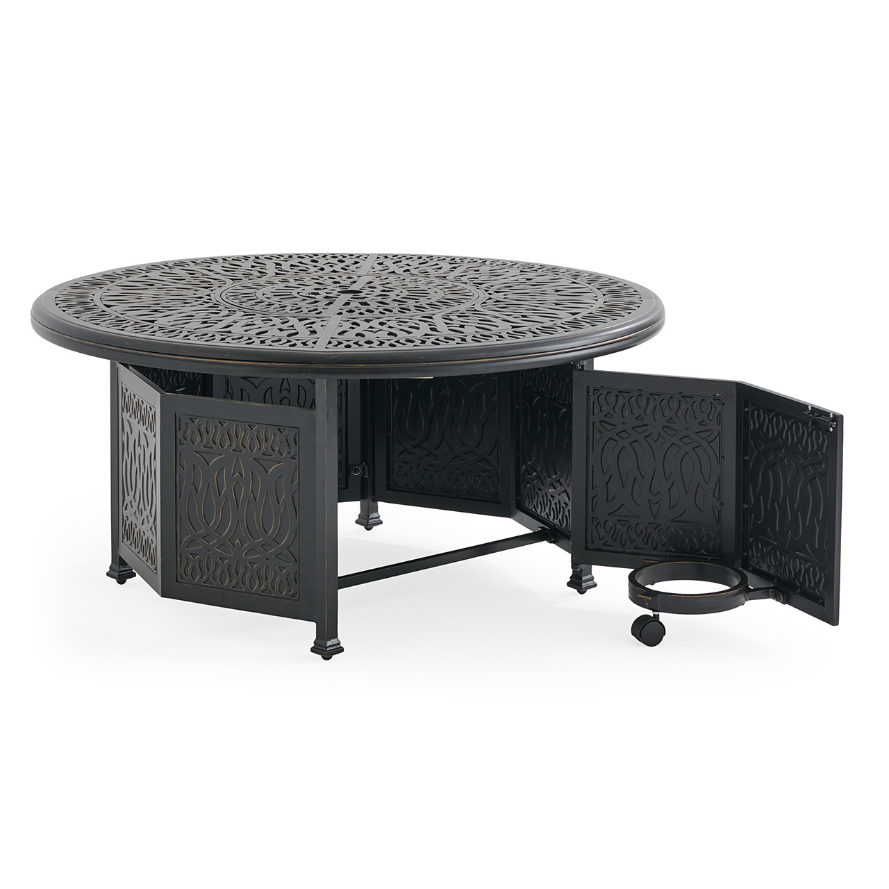 Roma Black Gold Cast Aluminum with Cushions 5 Piece Swivel Chat Set + 52 in. D Gas Fire Pit