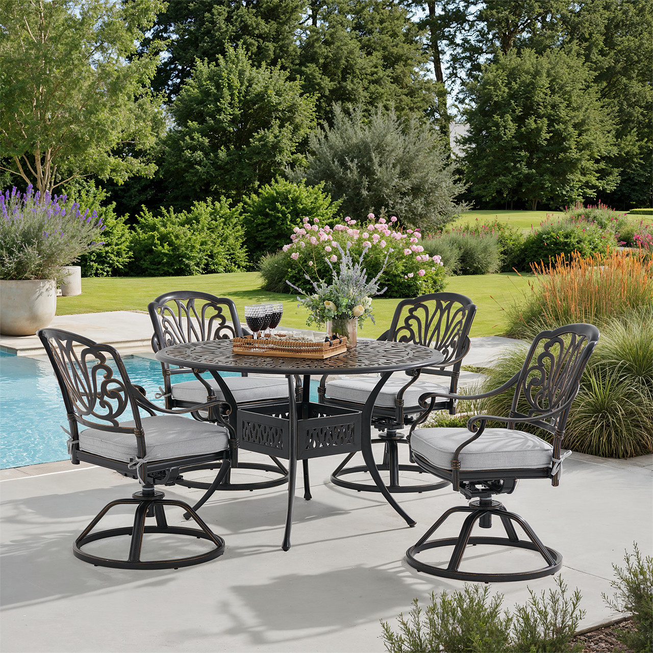Roma Black Gold Cast Aluminum with Cushions 5 Piece Swivel Dining Set + 48 in. D Table