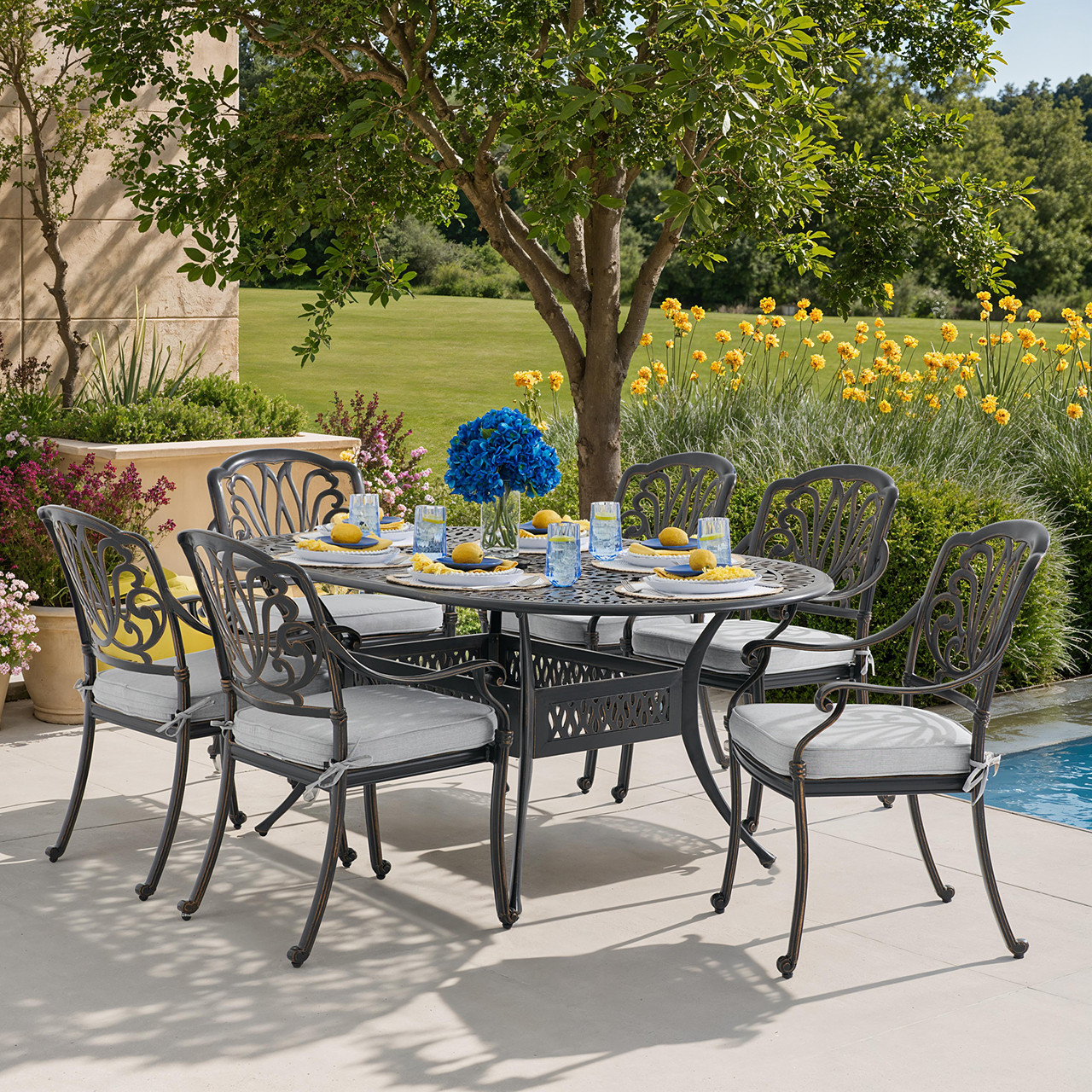 Roma Black Gold Cast Aluminum with Cushions 7 Piece Dining Set + 72 x 42 in. Table