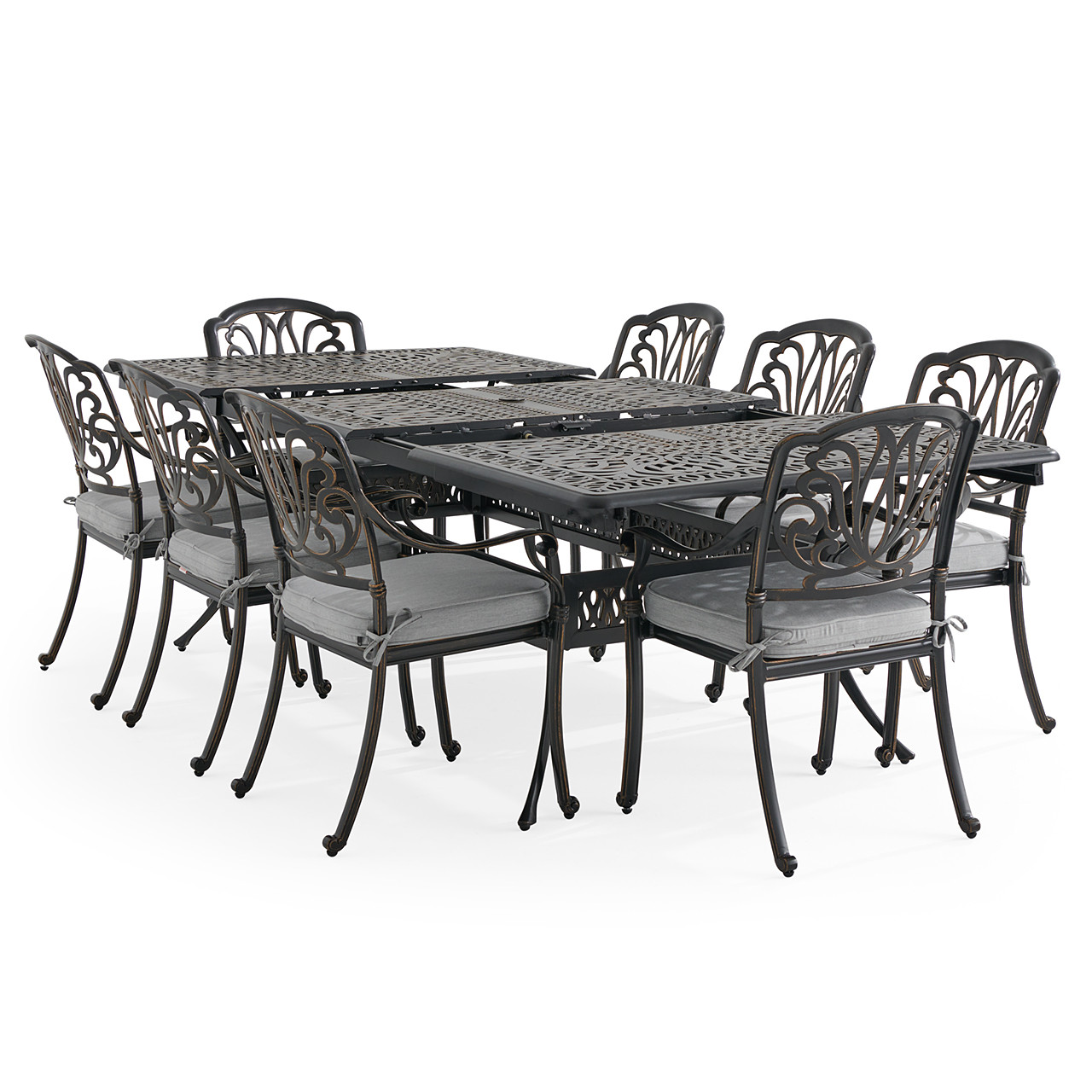 Roma Black Gold Cast Aluminum with Cushions 9 Piece Dining Set + 84-132 x 48 in. Double Extension Table