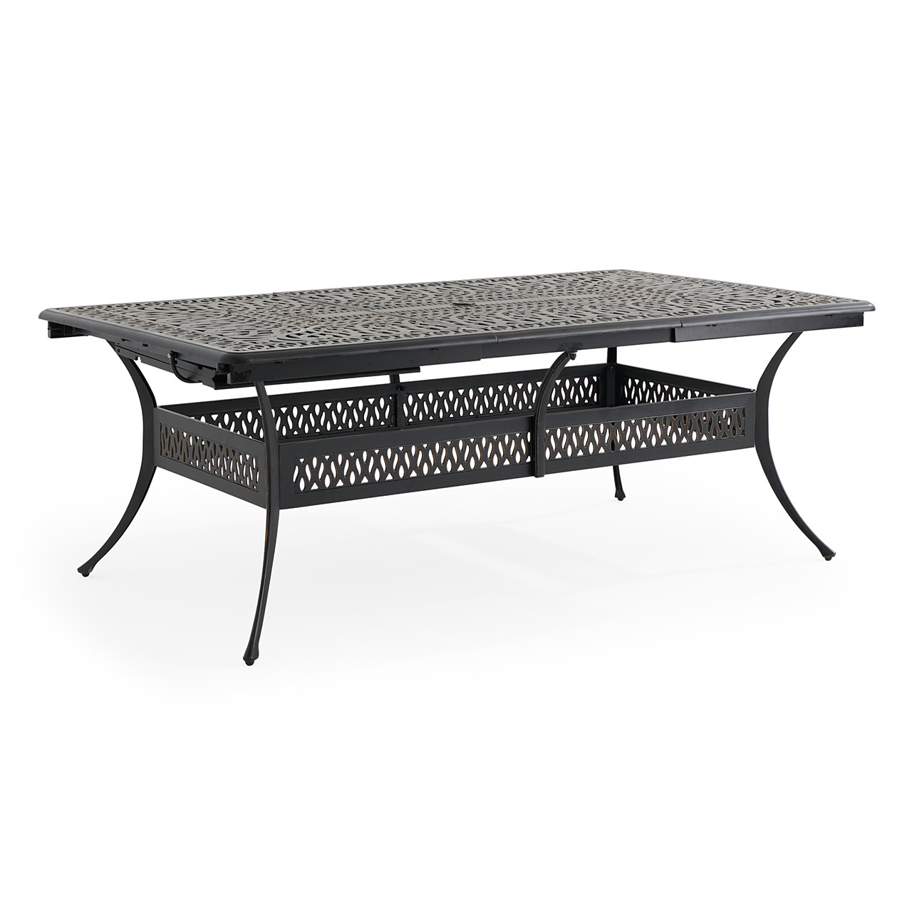 Roma Black Gold Cast Aluminum with Cushions 9 Piece Dining Set + 84-132 x 48 in. Double Extension Table