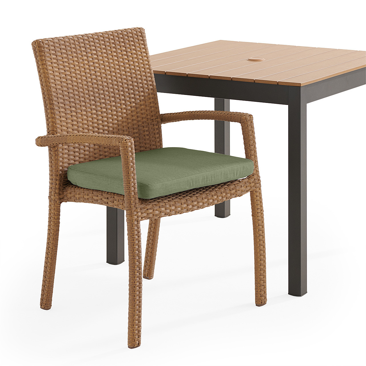 Sonoma Natural Outdoor Wicker with Cushions 3 Piece Bistro Set + 33 in. Sq. Table