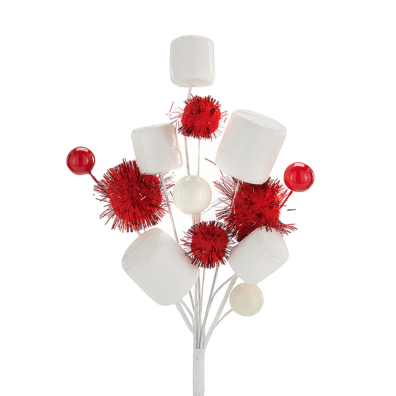 9 Inch Red and White Marshmallow Pom Pom and Berry Pick