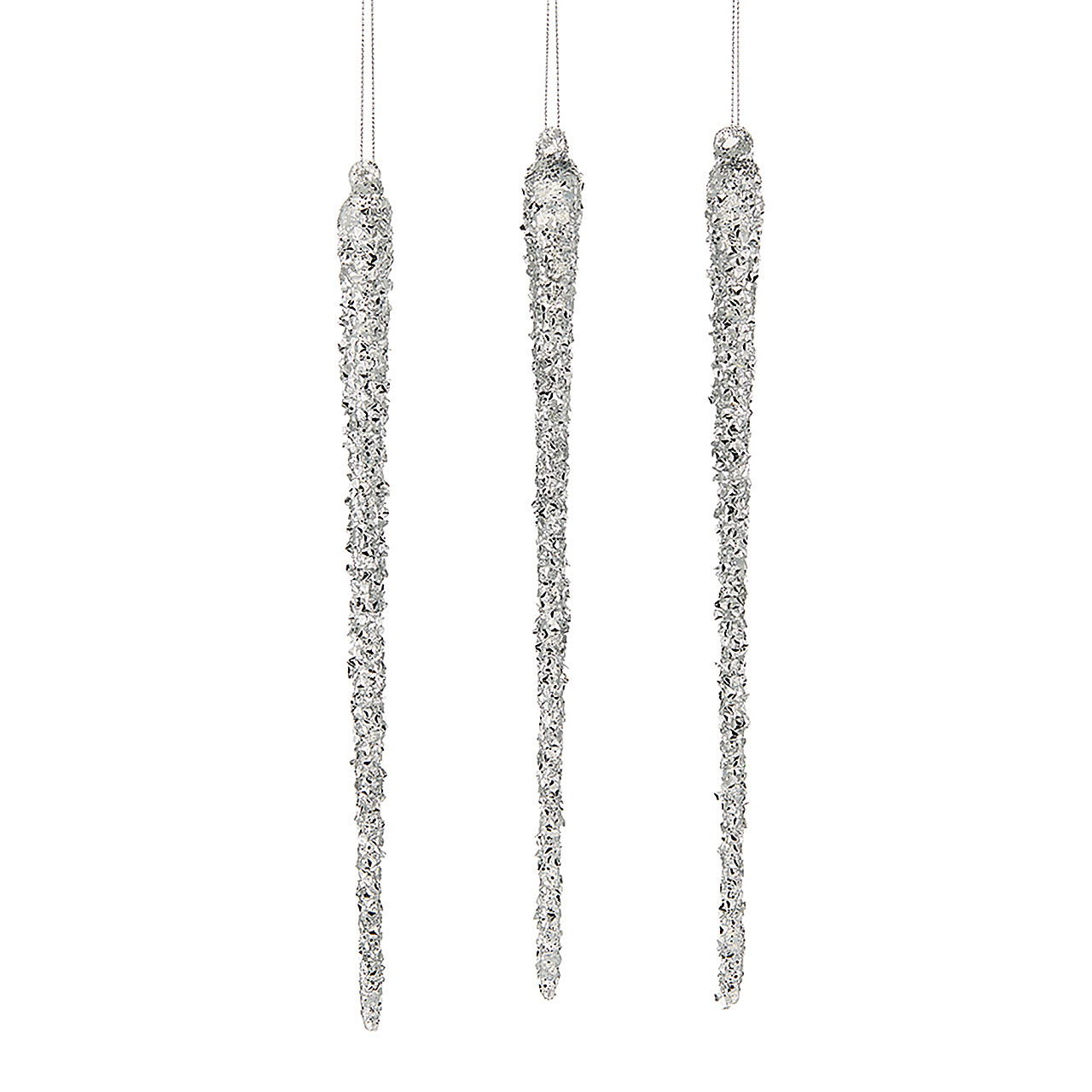 In-Store Only - 9.85 Inch Glass Silver Icicle Ornaments, Set of 3