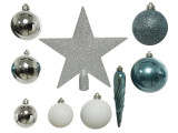 In-Store Only - Assorted Blue Dawn and Silver Shatterproof Christmas Ball Ornaments with Red Star Tree Topper, Set of 33
