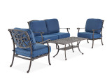 Carlisle Aged Bronze Cast Aluminum and Cabana Blue Cushion 4 Pc. Loveseat Group with 45 x 24 in. Coffee Table