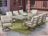 Roma Weathered Wood Aluminum and Sand Linen Cushion 9 Pc. Dining Set and Swivel Rockers with 108 x 54 in. Table