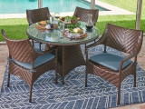 Martinique Java Brown Outdoor Herringbone Wicker 5 Pc. Dining Set with Arm Chairs and a 48 in. D Glass Top Table