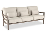 Roma Weathered Wood Aluminum and Sand Linen Cushion 3 Pc. Sofa Group and Swivel Rocker with 54 x 29 in. Fire Pit