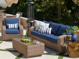 Valencia Driftwood Outdoor Wicker and Spectrum Indigo Cushion 3 Pc. Sofa Group with 48 x 28 in. Glass Top Coffee Table