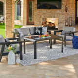 Marino Midnight Aluminum with Cushions 4 Pc. Sofa Group + Club Chairs + 55 x 31.5 in. Slat Top Lounge Height Dining Table