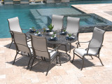 Scarsdale Smokey Grey Aluminum and System Stone Sling 7 Pc. Dining Set with 84 x 42 in. Dining Table