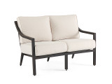 Hill Country Aged Bronze Aluminum and Cast Pumice Cushion 3 Pc. Swivel Loveseat Group with 52 x 32 in. Fire Pit Coffee Table