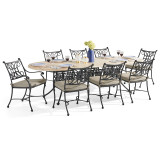 Chateau Rust Cast Aluminum with Cushions 9 Pc. Dining Set + 110 x 42 in. Marble Top Table