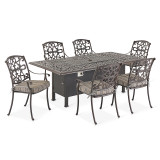 Carlisle Aged Bronze Cast Aluminum and Cultivate Stone Cushion 7 Pc. Dining Set with 84 x 44 in. Fire Pit Table