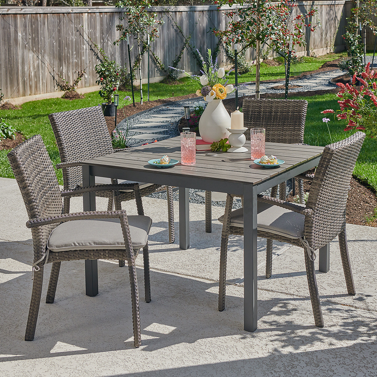 Contempo Husk Outdoor Wicker with Cushions 5 Piece Dining Set + 41 in