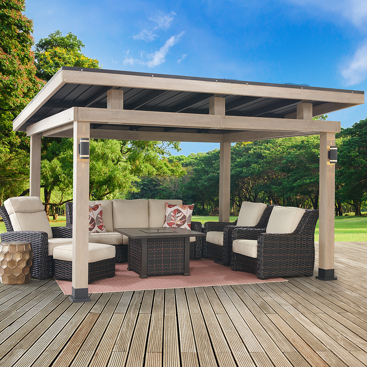Contempo Weathered Teak Galvanized Steel 12 ft. x 14 ft. Hard Top