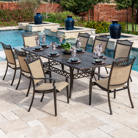 Cordoba Black Gold Aluminum with Beige Sling 9 Pc. Dining Set with 71-103 x 44 in. Double Extension Table