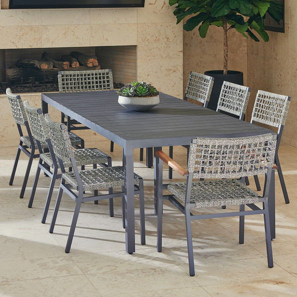San Miguel Anthracite Aluminum and Grey Linen 9 Pc. Combo Dining Set with 110 x 42 in. Table