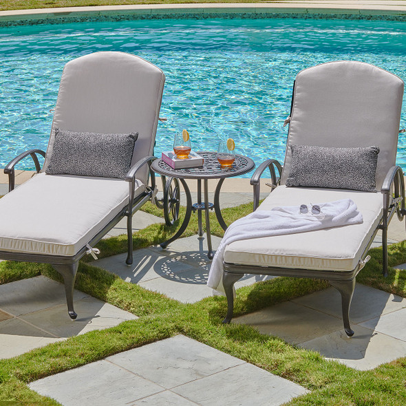 Carlisle Aged Bronze Cast Aluminum and Cushion 3 Pc. Chaise Lounge Set With 22 in. D End Table