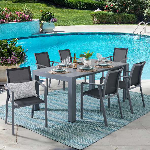 Pacifica Dark Grey Polypropylene and Black Sling 7 Pc. Dining Set with 71-87 x 40 in. Extension Table