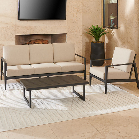 Tulum Husk Midnight with Cushions 3 Pc. Sofa Group + Club Chairs + 48 x 29 in. Coffee Table