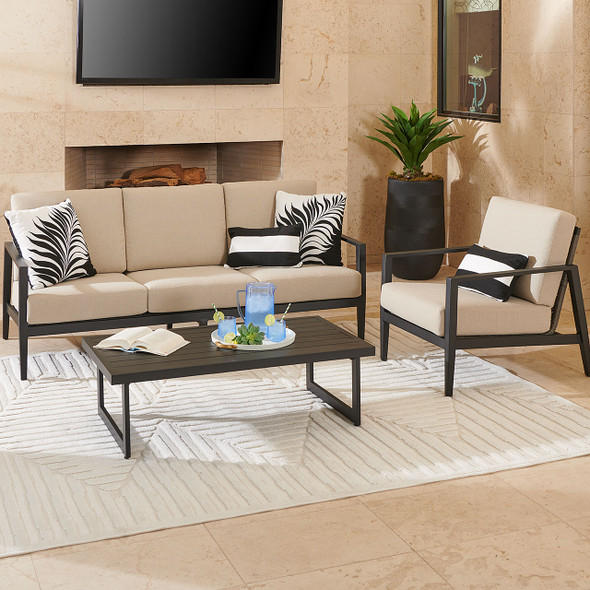 Tulum Husk Midnight with Cushions 3 Pc. Sofa Group + Club Chairs + 48 x 29 in. Coffee Table