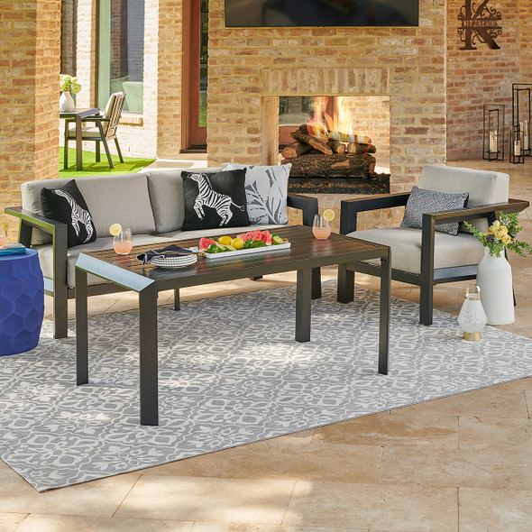 Marino Midnight Aluminum with Cushions 3 Piece Sofa Group + 55 x 31.5 in. Lounge Height Coffee Table