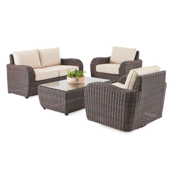 Biscayne Sangria Outdoor Wicker with Cushions 4 Pc. Loveseat Group + Swivel Club Chairs + 48 x 28 in. Coffee Table