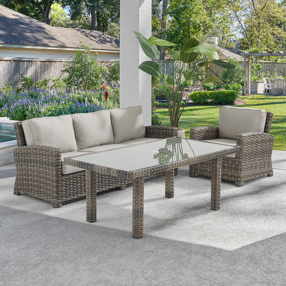 Contempo Husk Outdoor Wicker with Cushions 3 Piece Seating Group + 65 x 34 in. Lounge Table