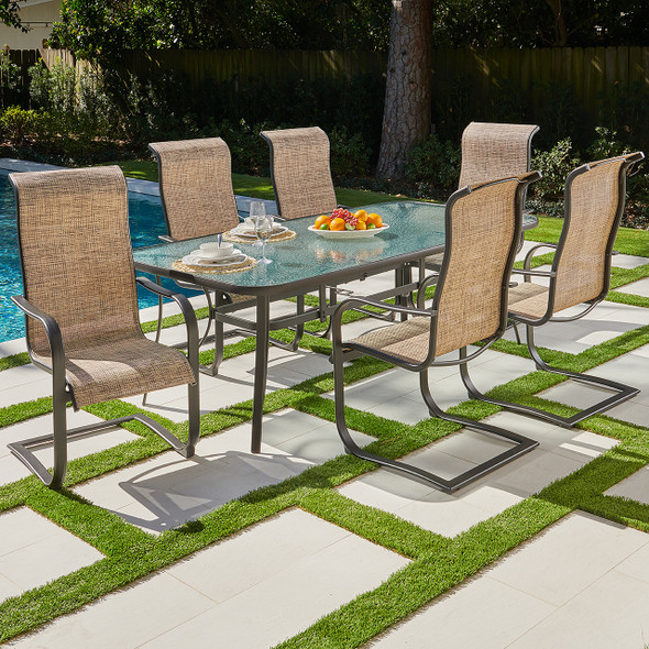 Cape Coral Aluminum and Sling 7 Pc. Dining Set with 84 x 42 in. Glass