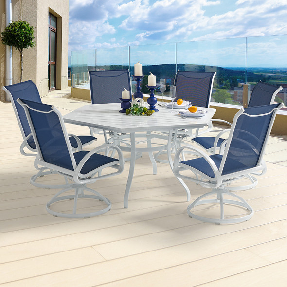Cape Coral White Aluminum and Navy Sling 7 Pc. Swivel Dining Set + 60 in. Hexagon Slat Top Table