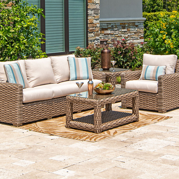 Siesta Aged Teak Outdoor Wicker with Cushions 3 Piece Sofa Seating + 42 x 24 in. Coffee Table