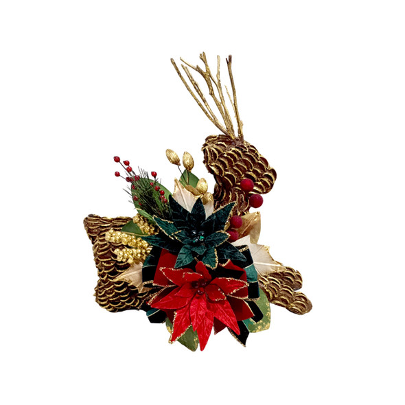 14 in. Dark Green and Red Poinsettia Sitting Deer 