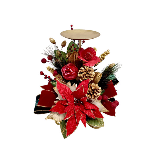 16 in. Dark Red and Green Poinsettia Candle Holder 