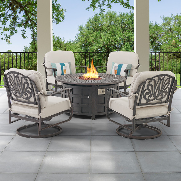 Cadiz Aged Bronze Cast Aluminum with Cushions 5 pc. Swivel Chat Group + 48 in. D LP Gas Fire Pit Table