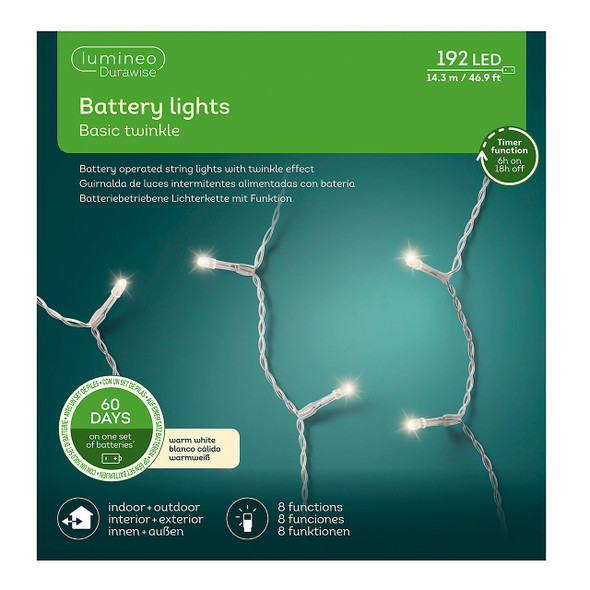 In-Store Only - 46.9 ft. 192 Warm White LED with Transparent Wire Basic 8 Function Twinkle Lights In-Store Only - 46.9 ft. 192 Warm White LED with Transparent Wire Basic 8 Function Twinkle Lights