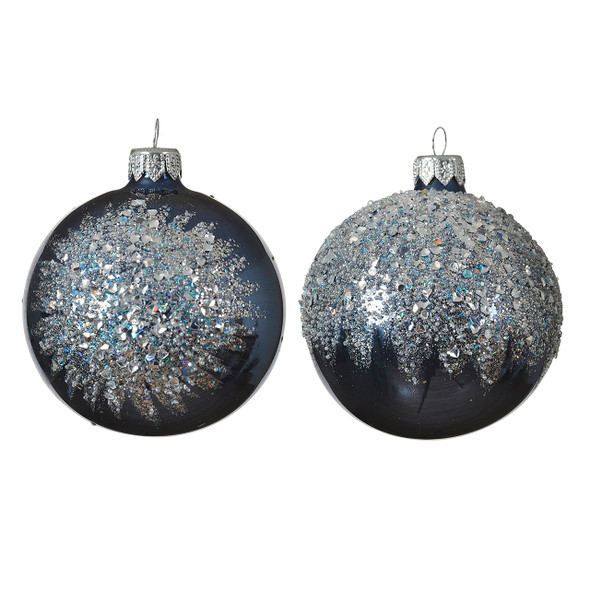 In-Store Only - 3 in. Glass Shimmer Night Blue Diamond Beads Ball Ornaments, Set of 2 