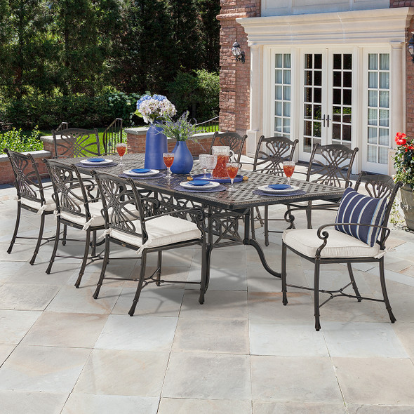 Melrose Midnight Gold Cast Aluminum with Cushions 9 Piece Dining Set + 74-114 x 44 in. Double Extension Table