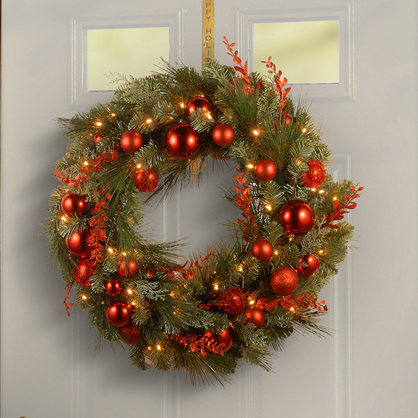 National Tree Company 24 in. Christmas Red Mixed Wreath with 50 LED Lights