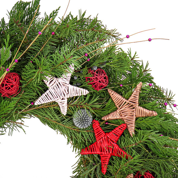 National Tree Company 22 in. Fresh Evergreens Wreath with Wicker Stars and Balls