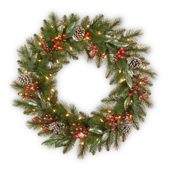 24 in. Frosted Pine Berry Wreath with 50 LED Lights