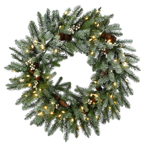 30 in. Snowy Morgan Spruce Wreath with 50 Twinkly LED Lights