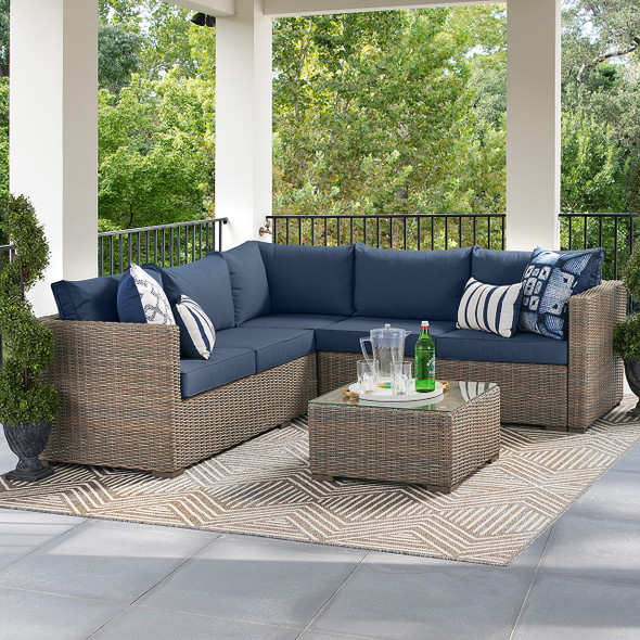 Palermo Weathered Teak Outdoor Wicker with Cushions 3 Pc. Sectional Group + 24 in. Coffee Table