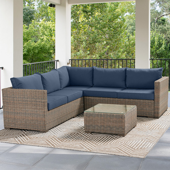 Palermo Weathered Teak Outdoor Wicker with Cushions 3 Piece Sectional Group + 24 in. Coffee Table