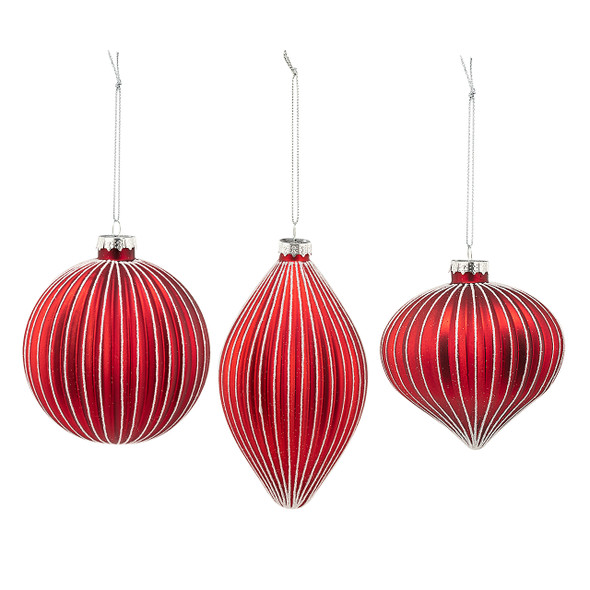 In-Store Only - Red and Silver Onion, Ball and Finial Glass Ornaments, Assortment of 3